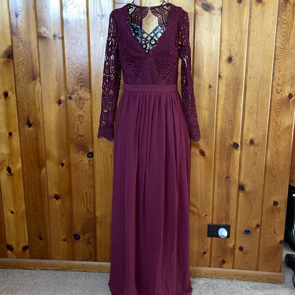 Awaken My Love Burgundy Long Sleeve Lace Maxi Dress small bridesmaids maternity - Picture 4 of 13